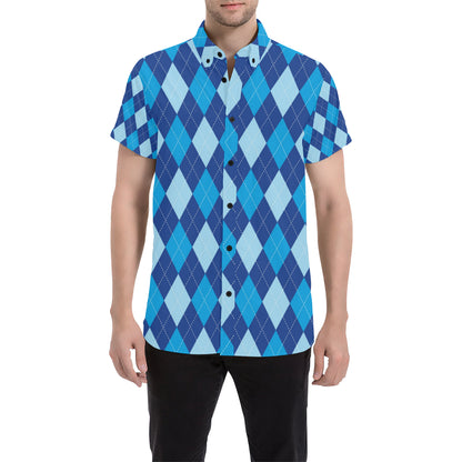 Argyle Blue Pattern Print Design 02 Men's Short Sleeve Button Up Shirt