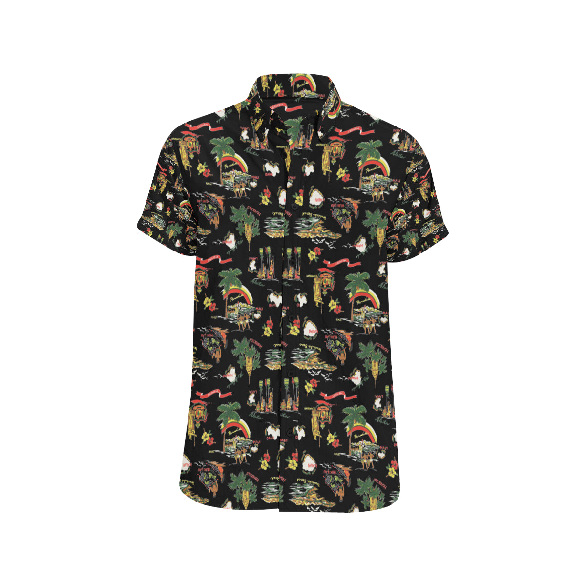 Hawaiian Island Themed Print Men's Short Sleeve Button Up Shirt