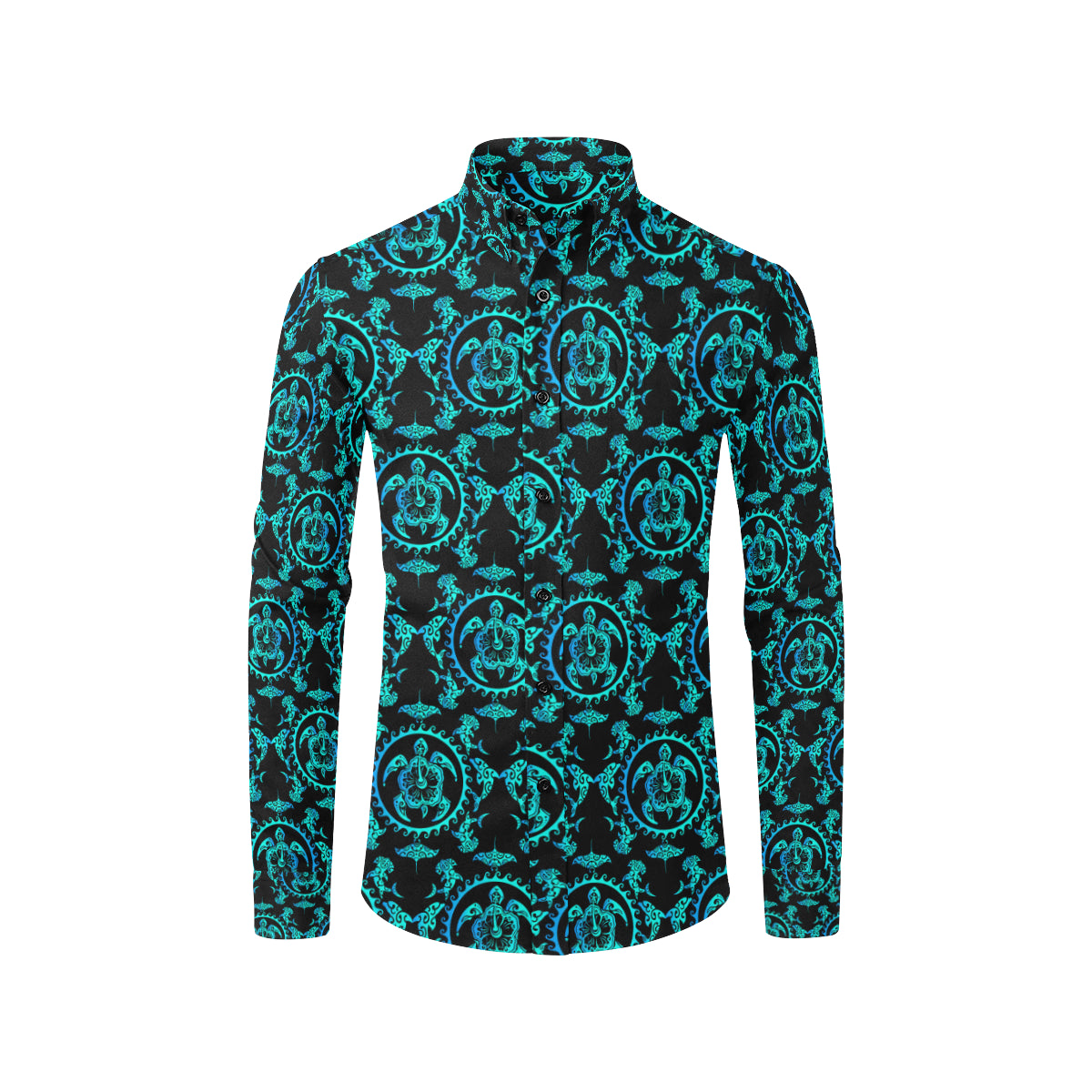 turquoise Tribal Sea Turtle Hawaiian Men's Long Sleeve Shirt