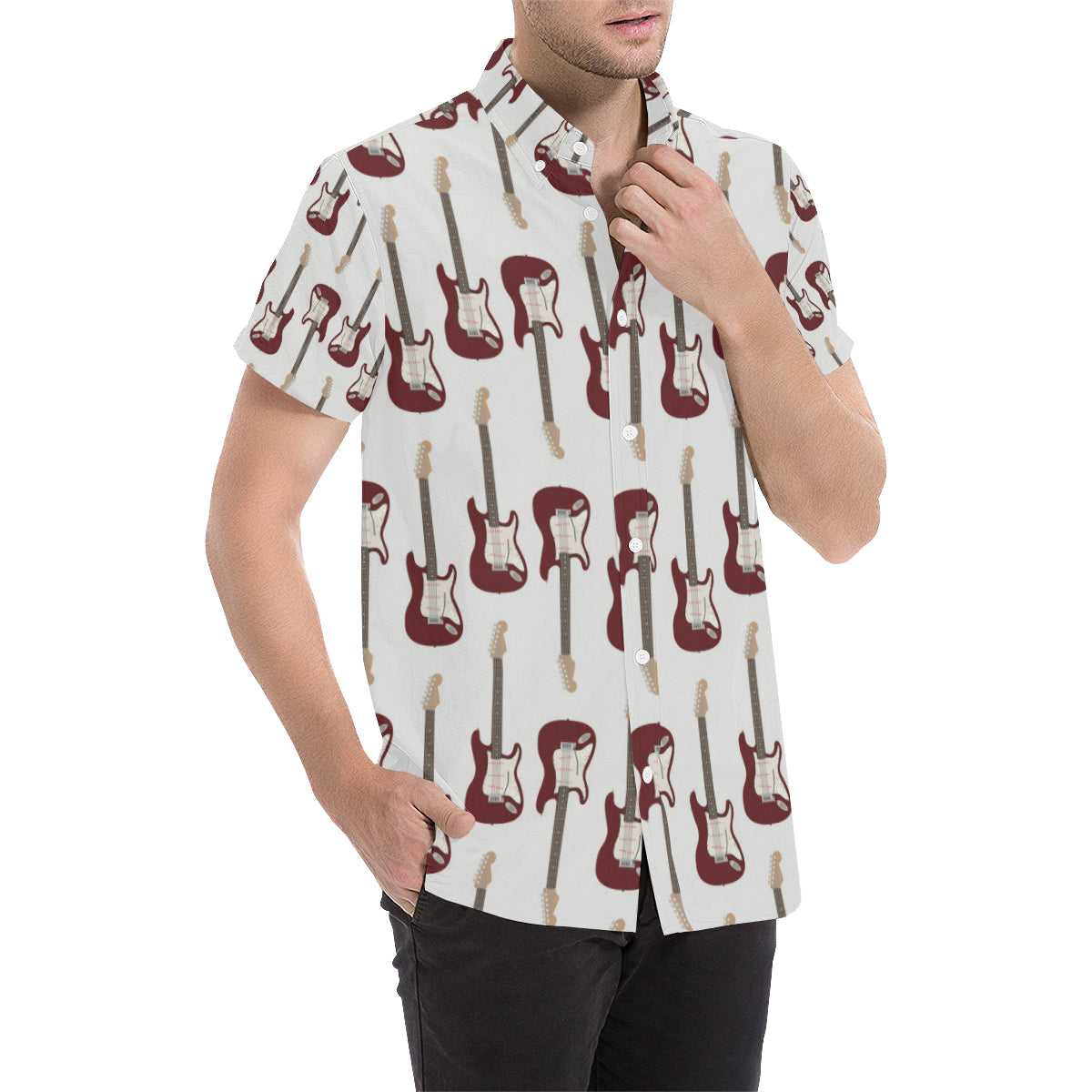Bass Guitar Pattern Print Design 03 Men's Short Sleeve Button Up Shirt