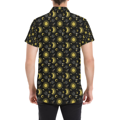 Sun Moon Golden Design Themed Print Men's Short Sleeve Button Up Shirt