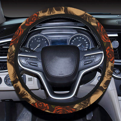 Skull Roses Vintage Design Themed Print Steering Wheel Cover with Elastic Edge