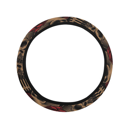 Microphone Skull Rose Pattern Print Design 02 Steering Wheel Cover with Elastic Edge
