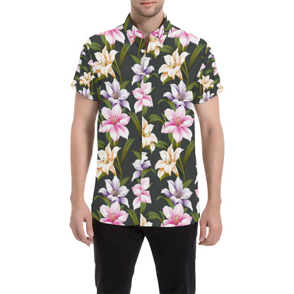 Lily Pattern Print Design LY01 Men's Short Sleeve Button Up Shirt