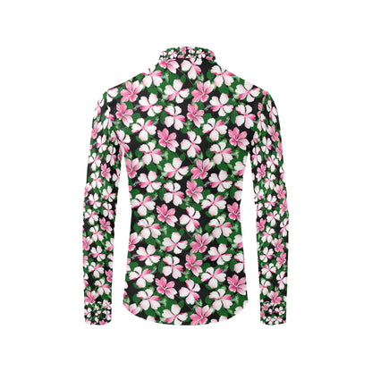 Hibiscus Pink Flower Hawaiian Print Men's Long Sleeve Shirt