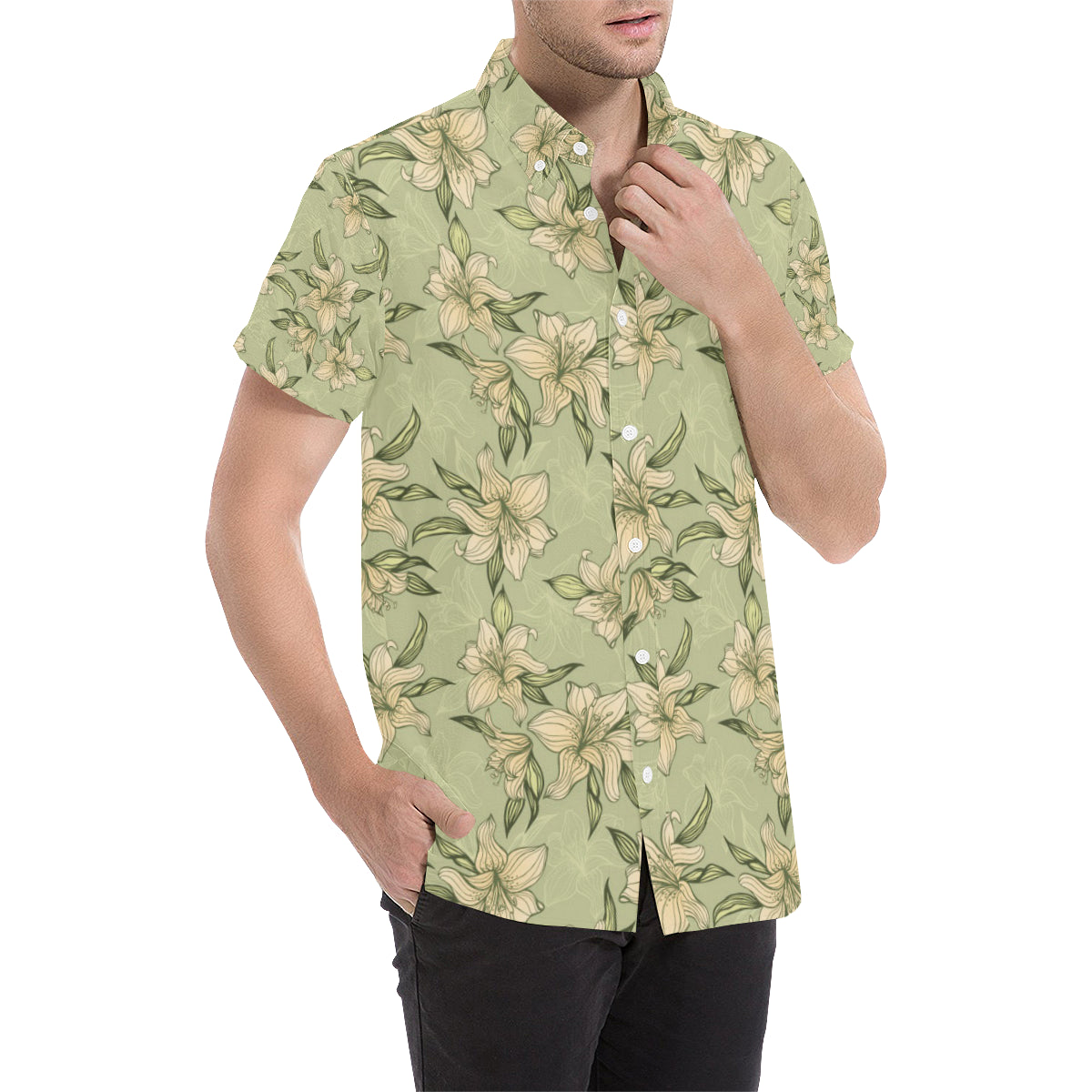 Lily Pattern Print Design LY06 Men's Short Sleeve Button Up Shirt