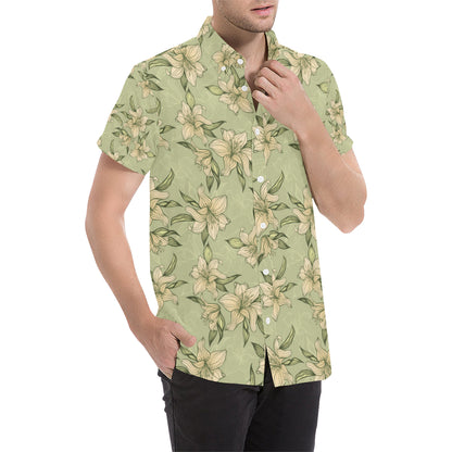 Lily Pattern Print Design LY06 Men's Short Sleeve Button Up Shirt