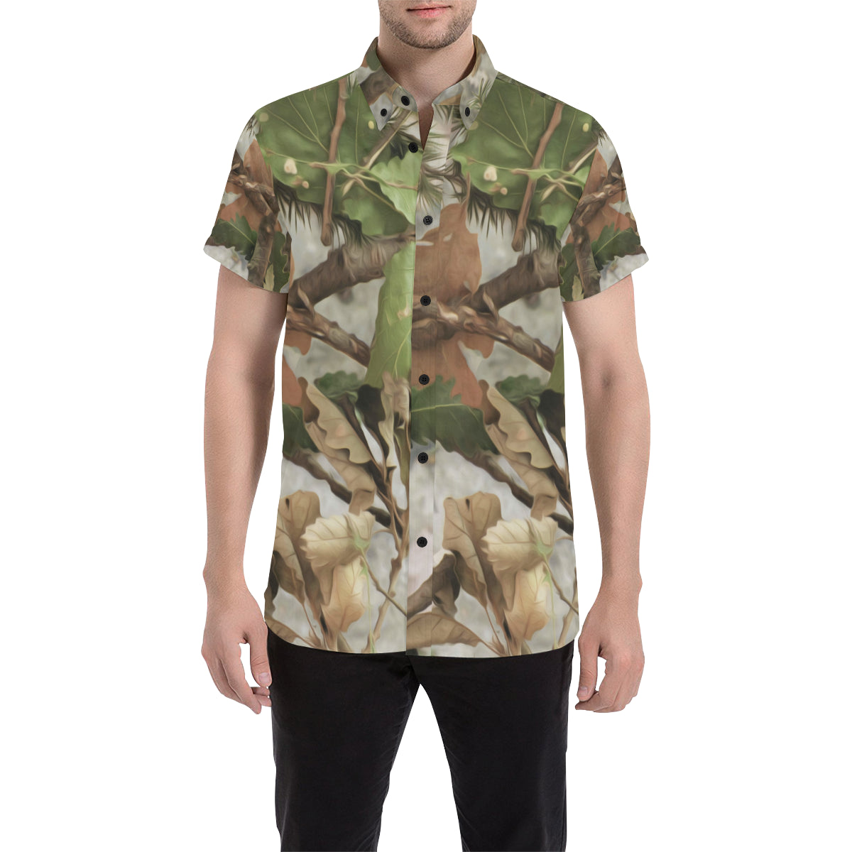 Camo Realistic Tree Forest Print Men's Short Sleeve Button Up Shirt