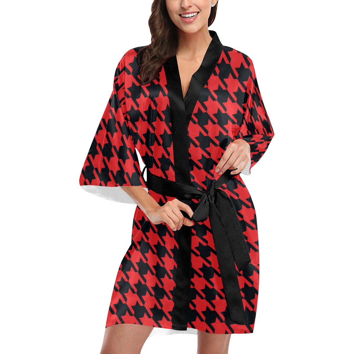 Houndstooth Red Pattern Print Design 03 Women's Short Kimono