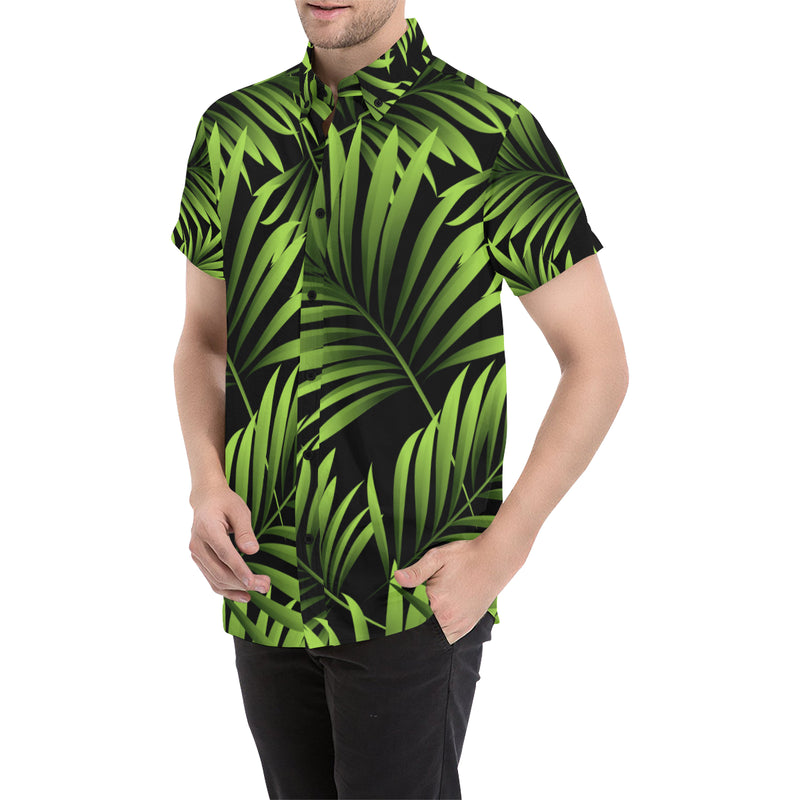 Green Neon Tropical Palm Leaves Men's Short Sleeve Button Up Shirt