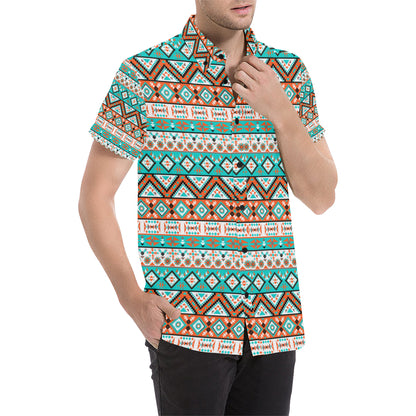 Navajo Style Print Pattern Men's Short Sleeve Button Up Shirt
