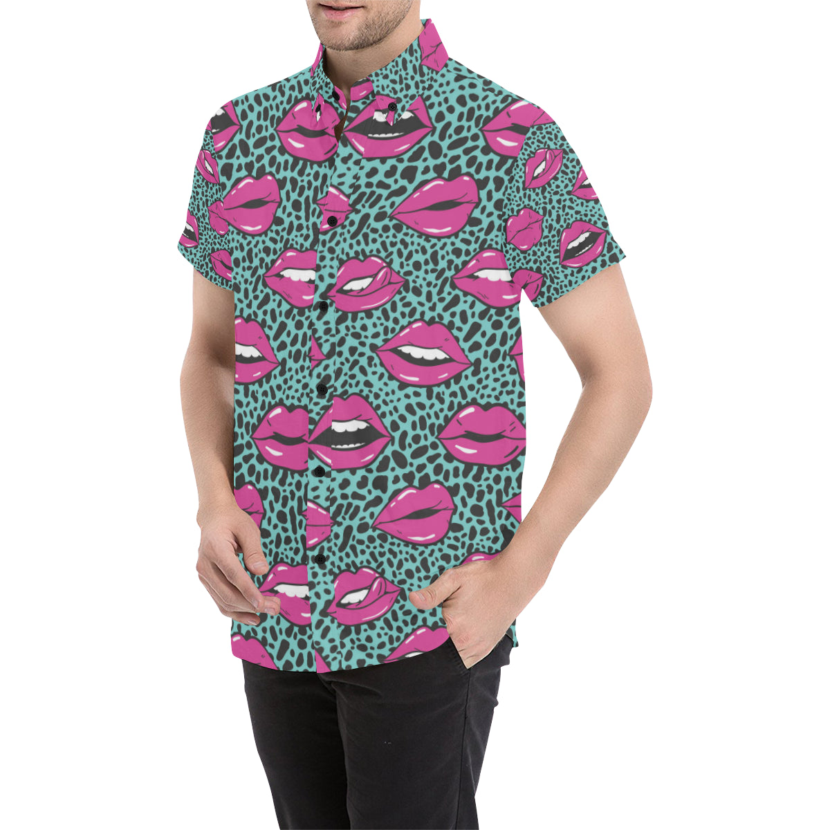 Lip Pattern Print Design 04 Men's Short Sleeve Button Up Shirt