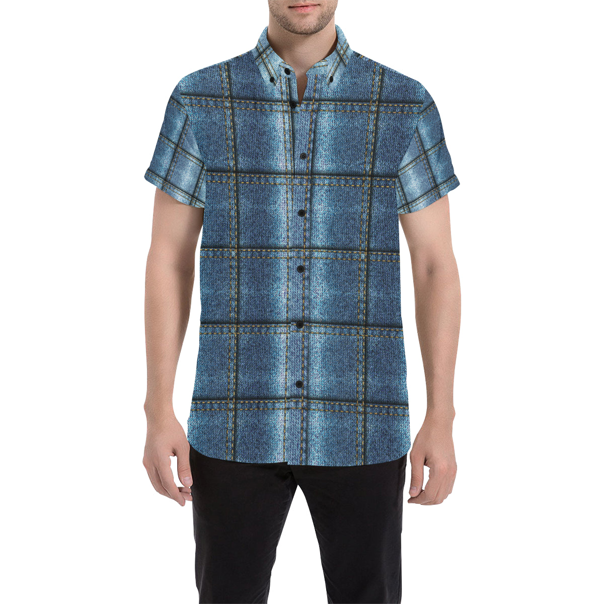 Jean Patchwork Pattern Print Design 02 Men's Short Sleeve Button Up Shirt