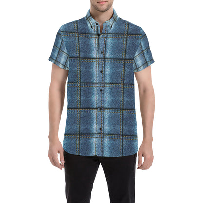 Jean Patchwork Pattern Print Design 02 Men's Short Sleeve Button Up Shirt