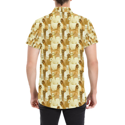 Alpaca Watercolor Design Themed Print Men's Short Sleeve Button Up Shirt