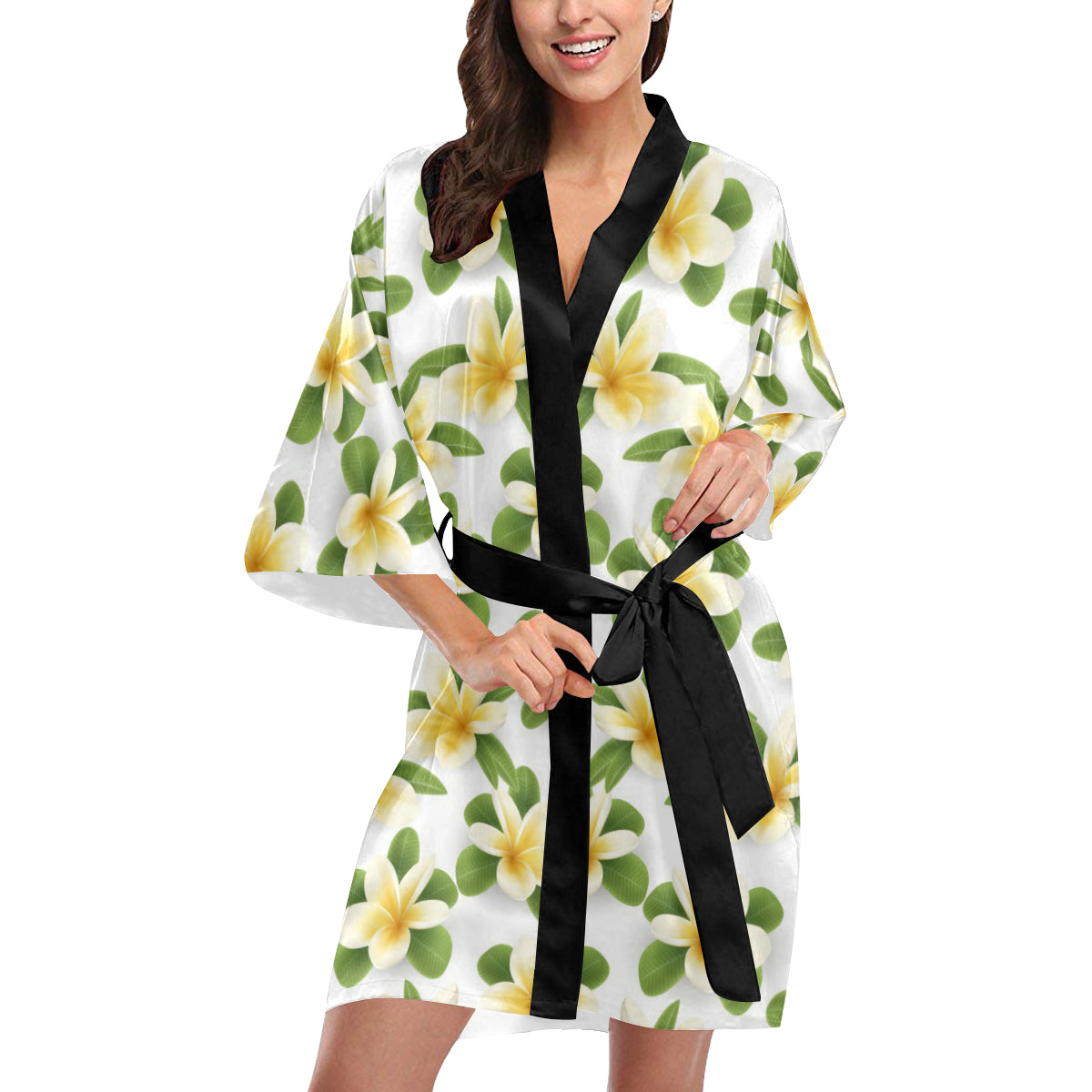 Yellow Plumeria Pattern Print Design PM012 Women Kimono Robe