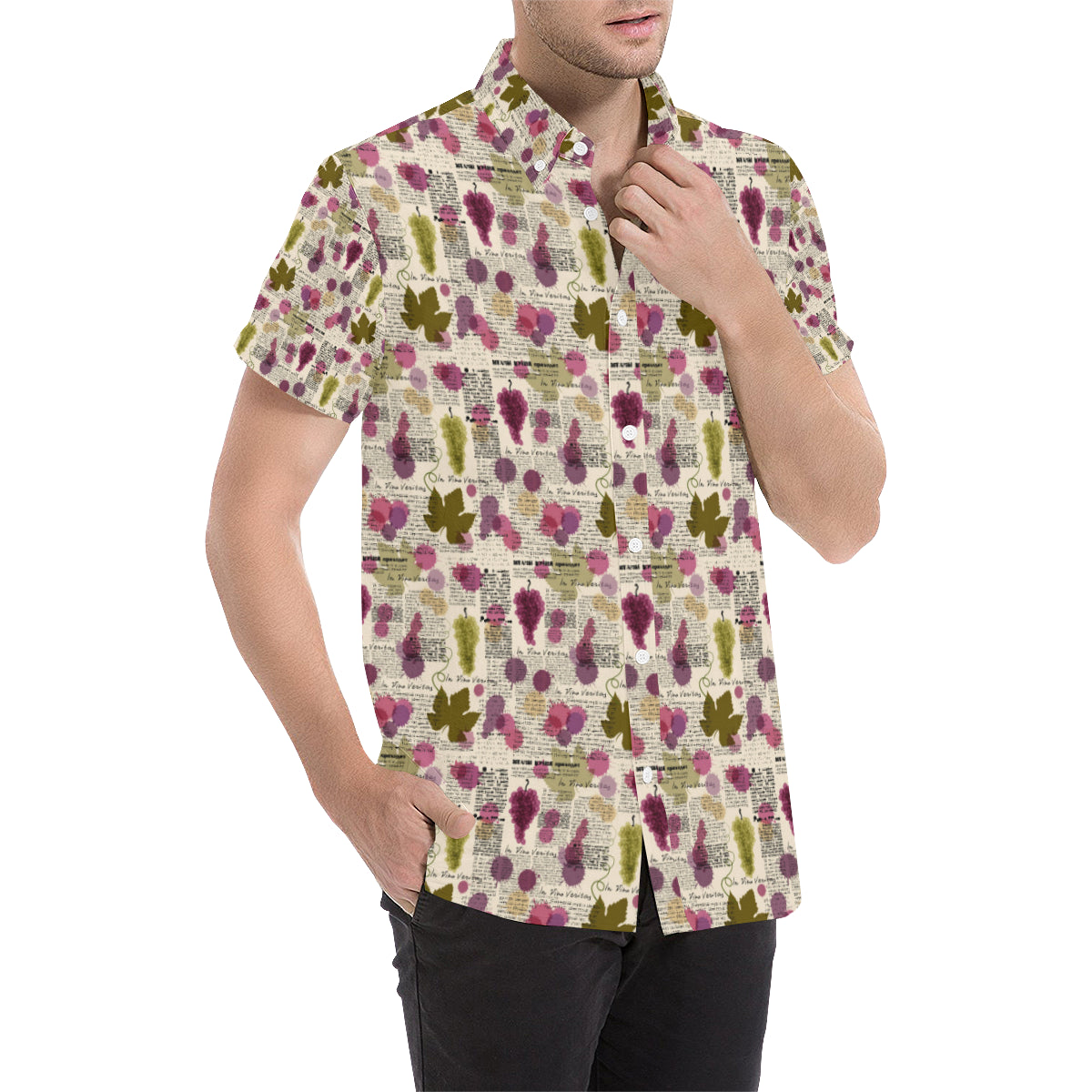 Wine Style Design Print Men's Short Sleeve Button Up Shirt