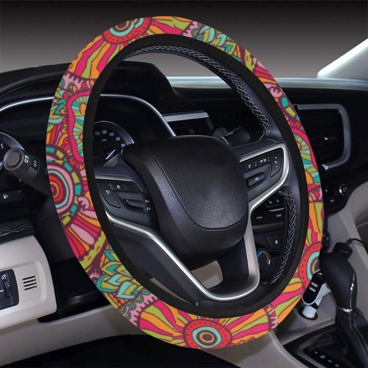 Boho Pattern Print Design 01 Steering Wheel Cover with Elastic Edge