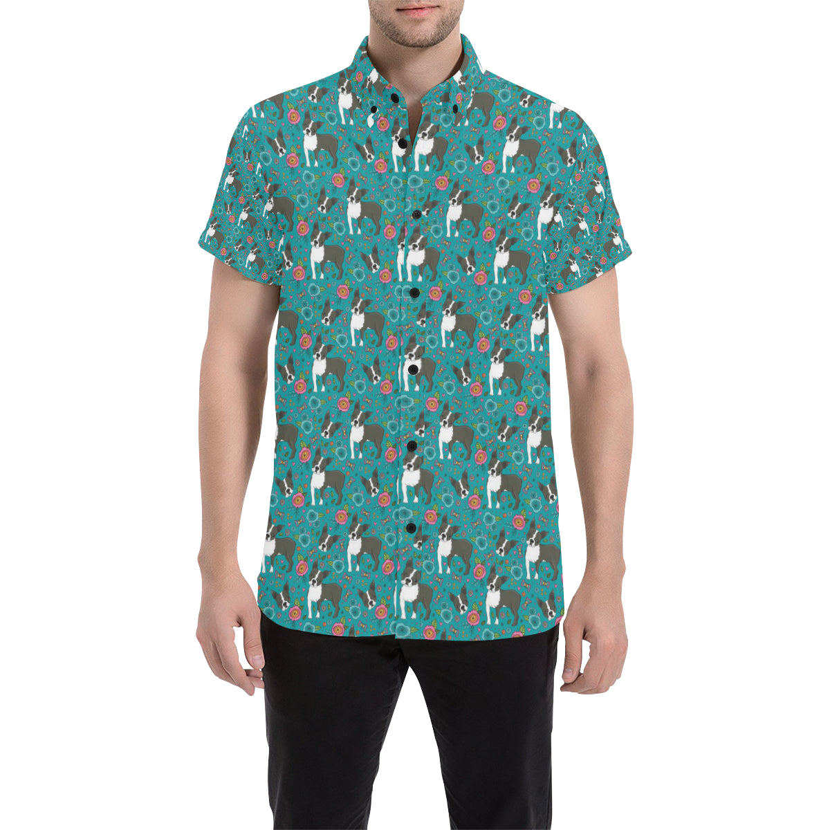 Boston Terrier Pattern Print Design 07 Men's Short Sleeve Button Up Shirt