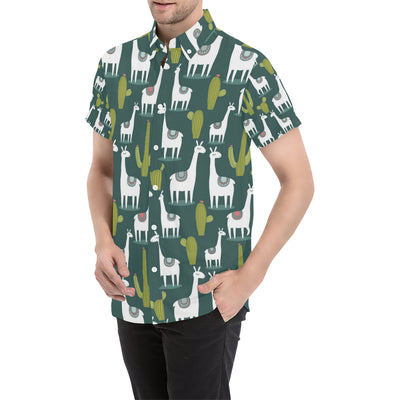 Llama Cactus Pattern Print Design 02 Men's Short Sleeve Button Up Shirt