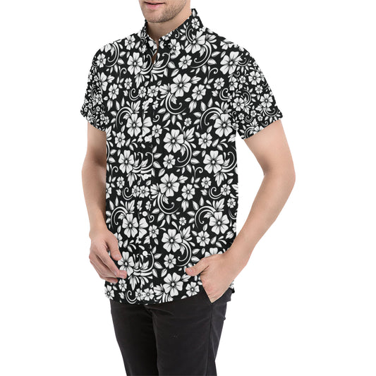 Floral Black White Themed Print Men's Short Sleeve Button Up Shirt
