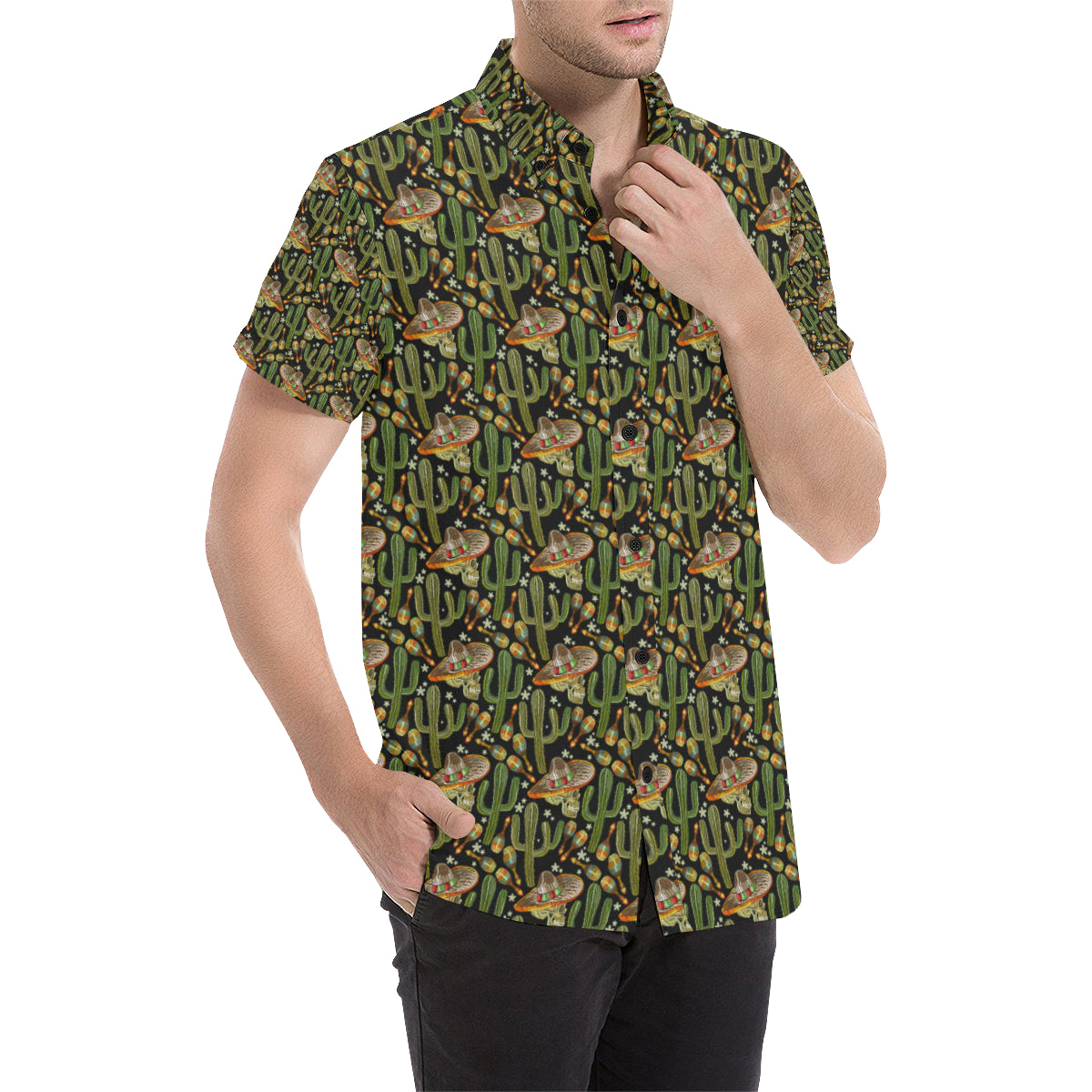 Western Style Print Men's Short Sleeve Button Up Shirt