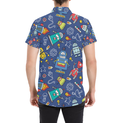 Robot Pattern Print Design A03 Men's Short Sleeve Button Up Shirt