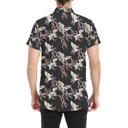Crane Pattern Print Design 01 Men's Short Sleeve Button Up Shirt