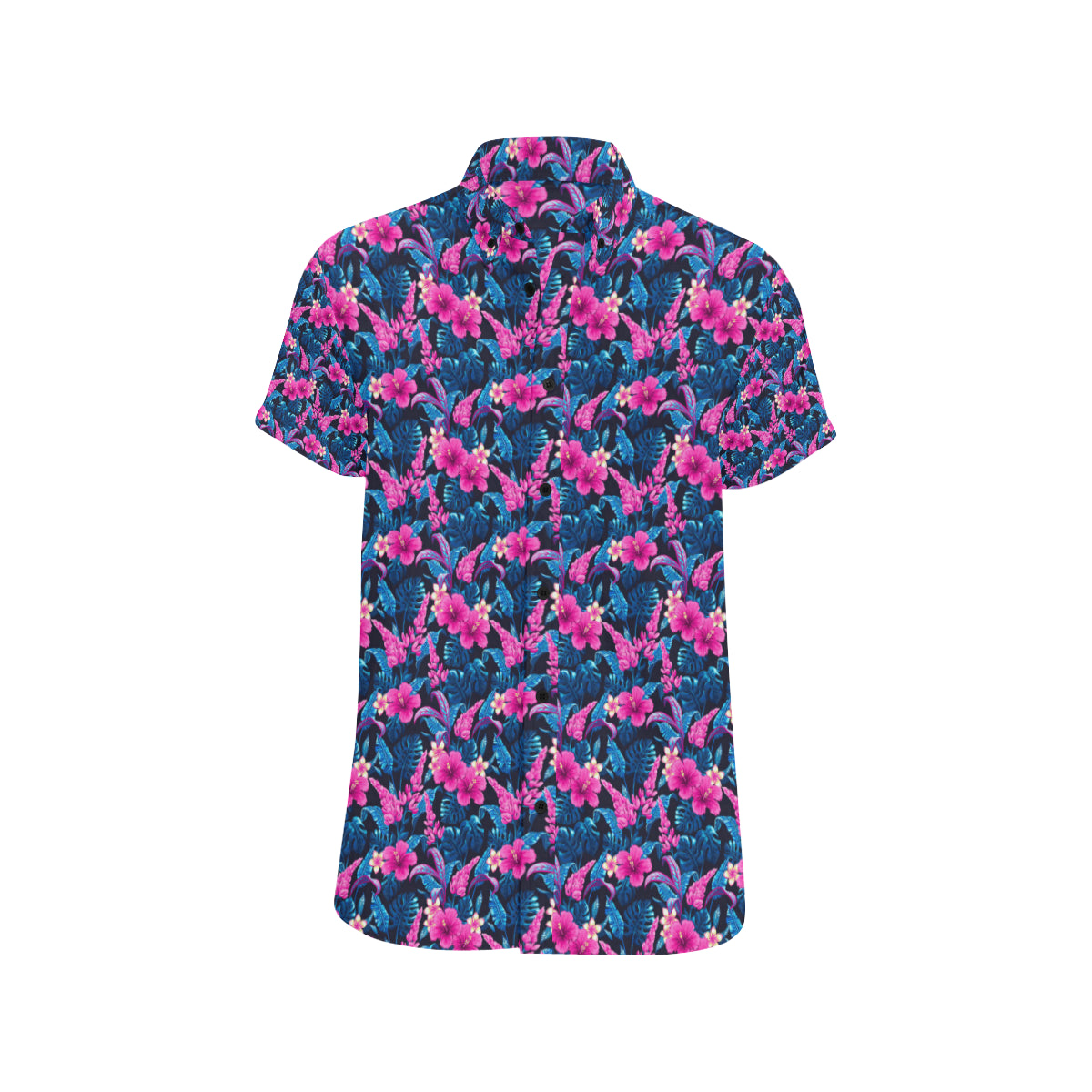 Tropical Folower Pink Themed Print Men's Short Sleeve Button Up Shirt