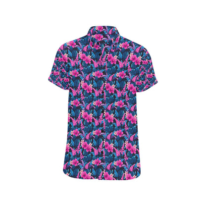 Tropical Folower Pink Themed Print Men's Short Sleeve Button Up Shirt