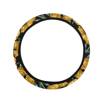 Elegant Yellow Tulip Print Steering Wheel Cover with Elastic Edge