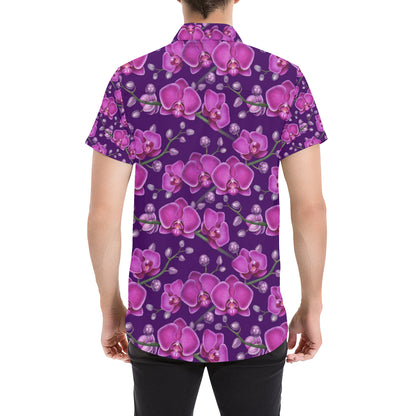 Orchid Purple Pattern Print Design OR02 Men's Short Sleeve Button Up Shirt