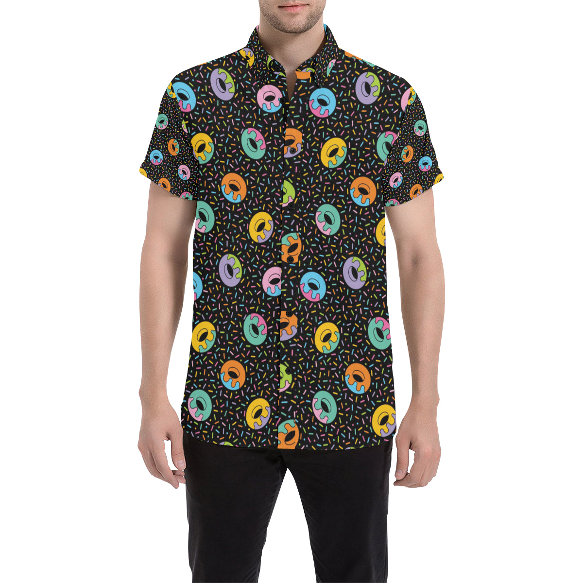 Donut Pattern Print Design DN012 Men's Short Sleeve Button Up Shirt