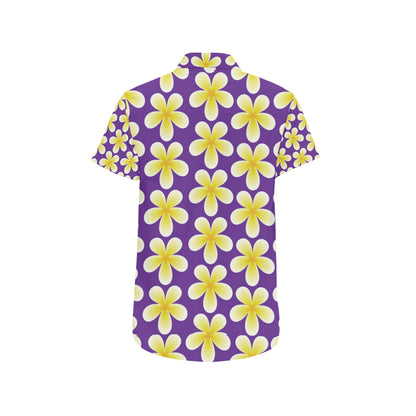Yellow Plumeria Pattern Print Design PM05 Men's Short Sleeve Button Up Shirt