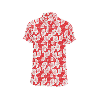 Flower Hawaiian Hibiscus Red Background Print Men's Short Sleeve Button Up Shirt