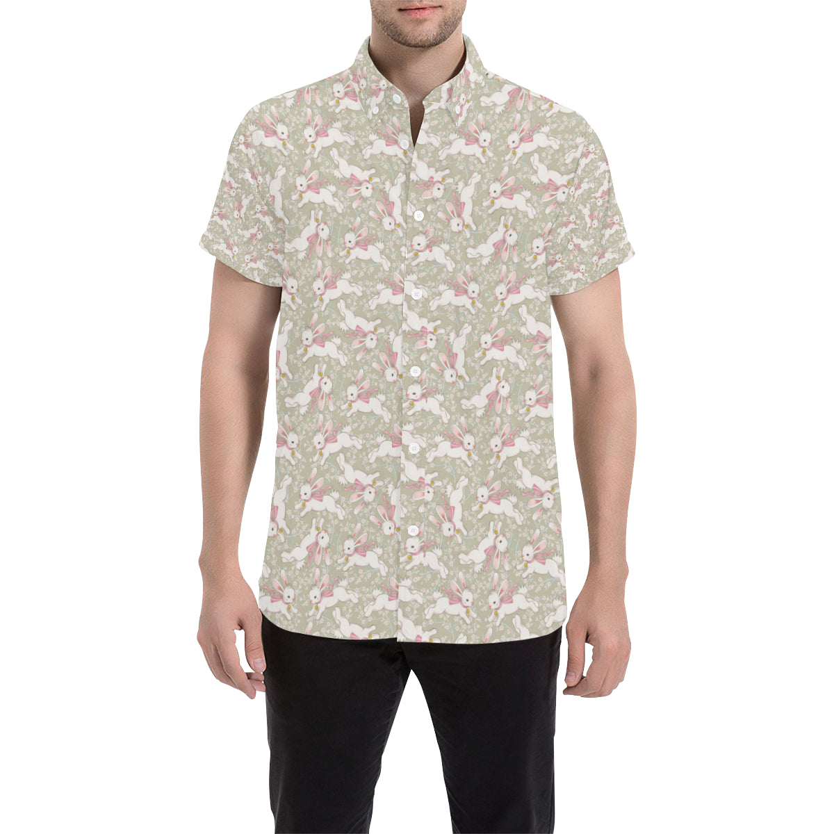 Bunny Pattern Print Design 06 Men's Short Sleeve Button Up Shirt