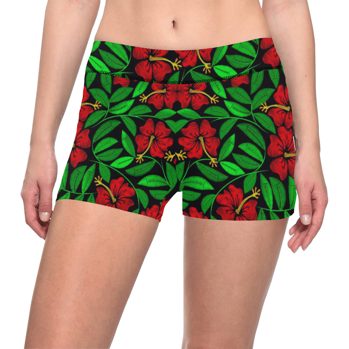 Red Hibiscus Embroidered Pattern Print Design HB03 Yoga Shorts