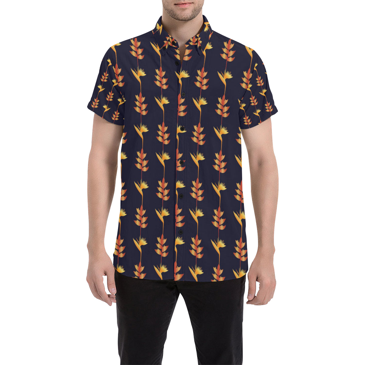 Heliconia Pattern Print Design HL06 Men's Short Sleeve Button Up Shirt