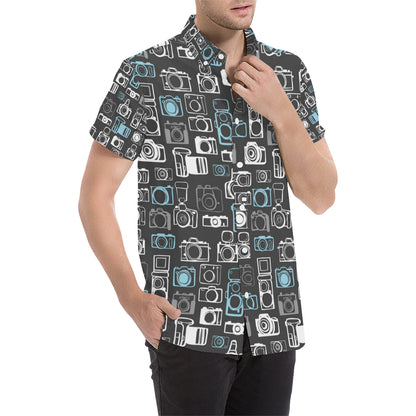 Camera Pattern Print Design 04 Men's Short Sleeve Button Up Shirt