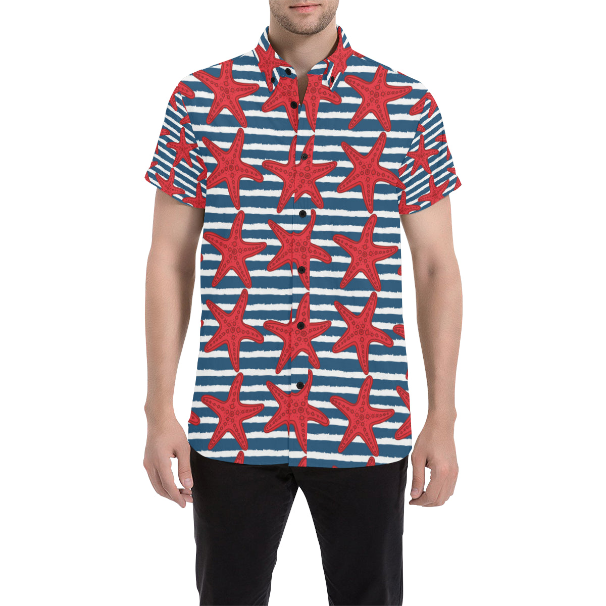 Starfish Red Pattern Print Design 02 Men's Short Sleeve Button Up Shirt