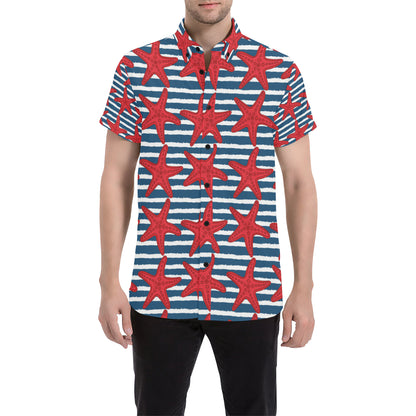 Starfish Red Pattern Print Design 02 Men's Short Sleeve Button Up Shirt