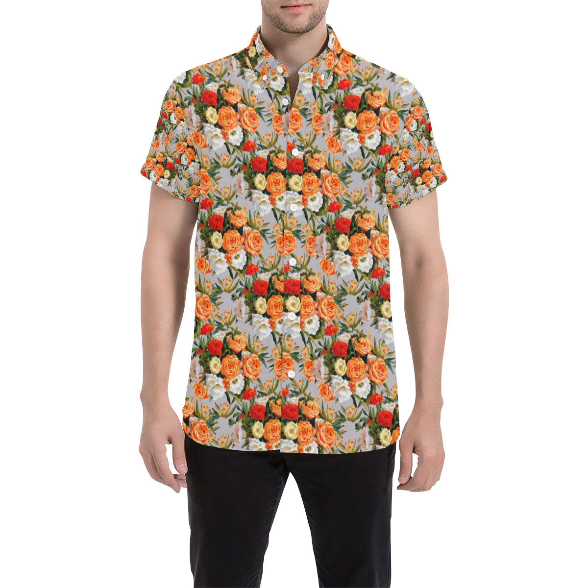 Lisianthus Pattern Print Design LT04 Men's Short Sleeve Button Up Shirt
