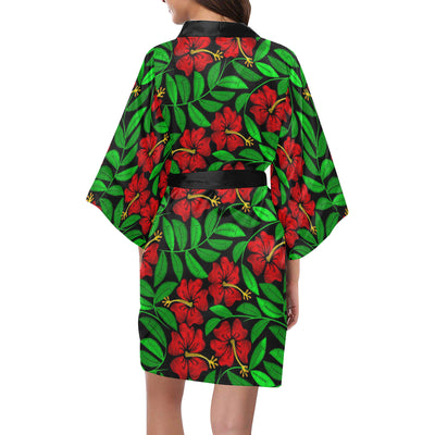 Red Hibiscus Embroidered Pattern Print Design HB03 Women Kimono Robe