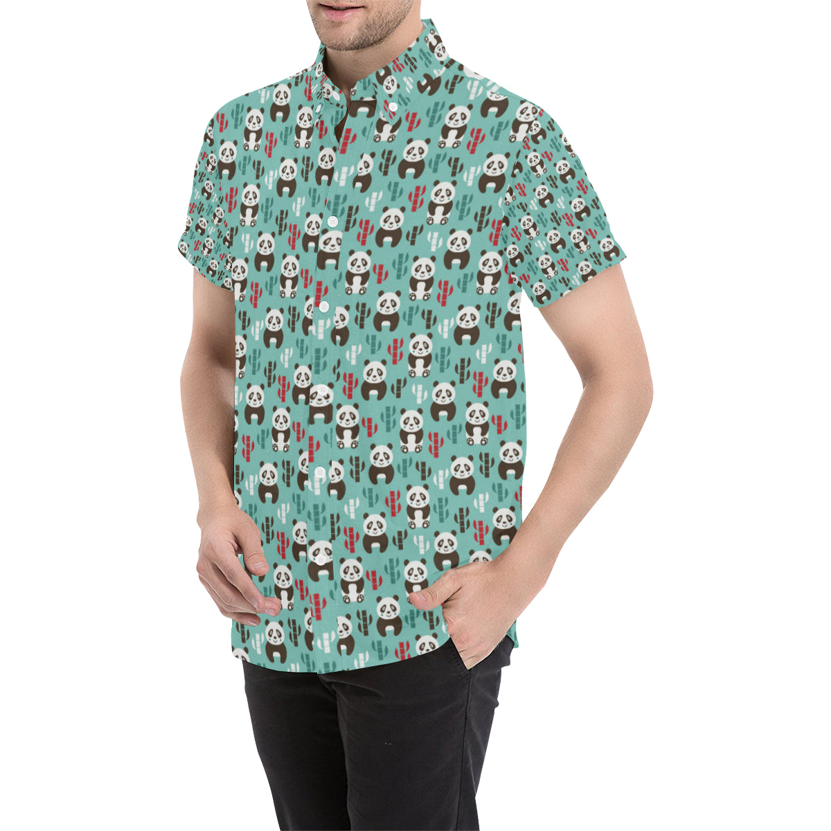Panda Bear Cute Themed Print Men's Short Sleeve Button Up Shirt