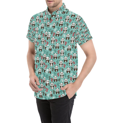 Panda Bear Cute Themed Print Men's Short Sleeve Button Up Shirt