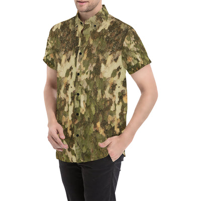 Camo Realistic Tree Texture Print Men's Short Sleeve Button Up Shirt