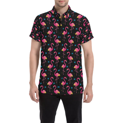 Flamingo Pink Neon Print Pattern Men's Short Sleeve Button Up Shirt