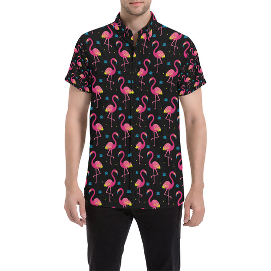 Flamingo Pink Neon Print Pattern Men's Short Sleeve Button Up Shirt
