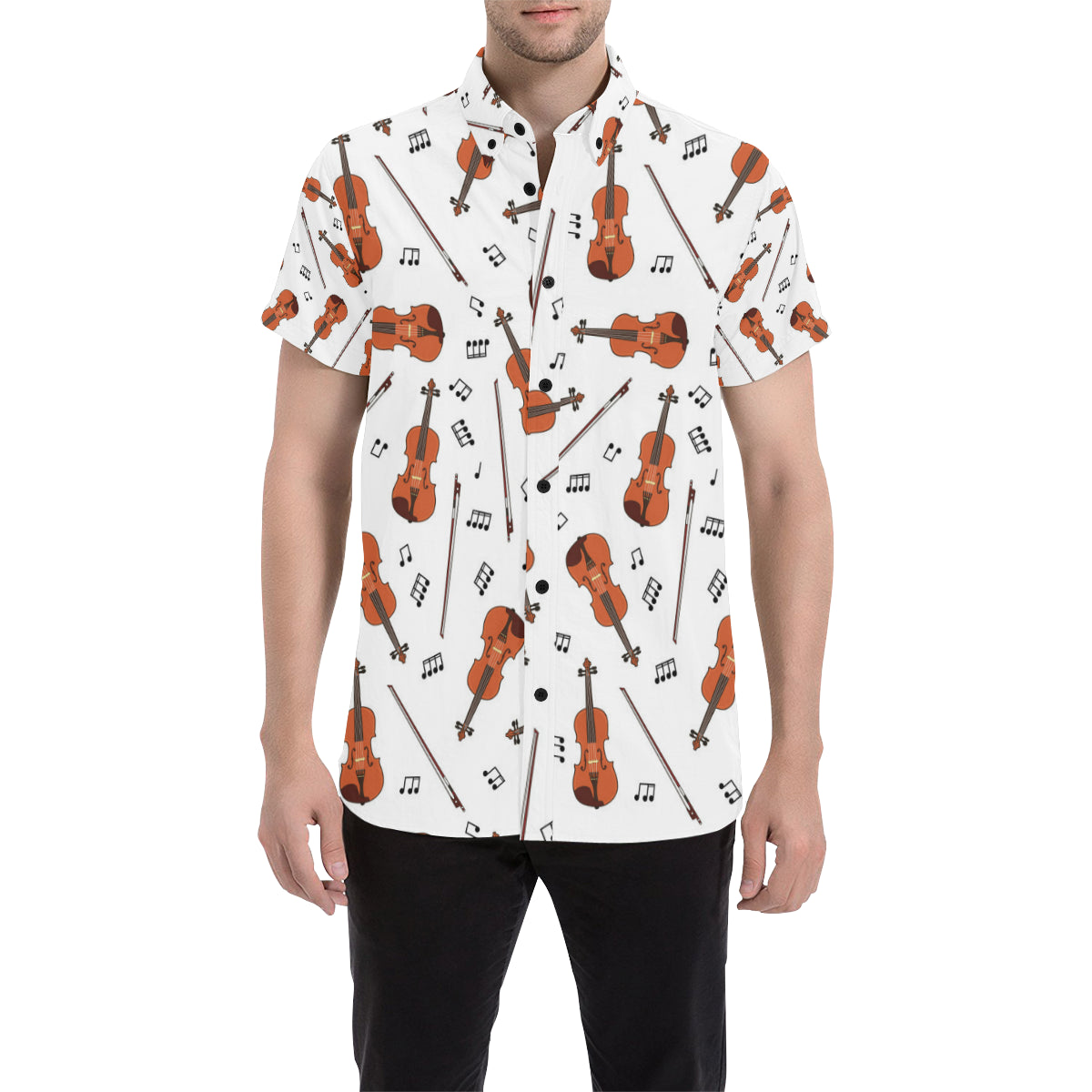 Violin Pattern Print Design 02 Men's Short Sleeve Button Up Shirt