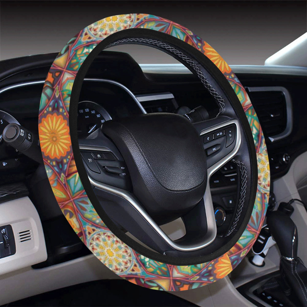 Mandala Flower Themed Design Print Steering Wheel Cover with Elastic Edge